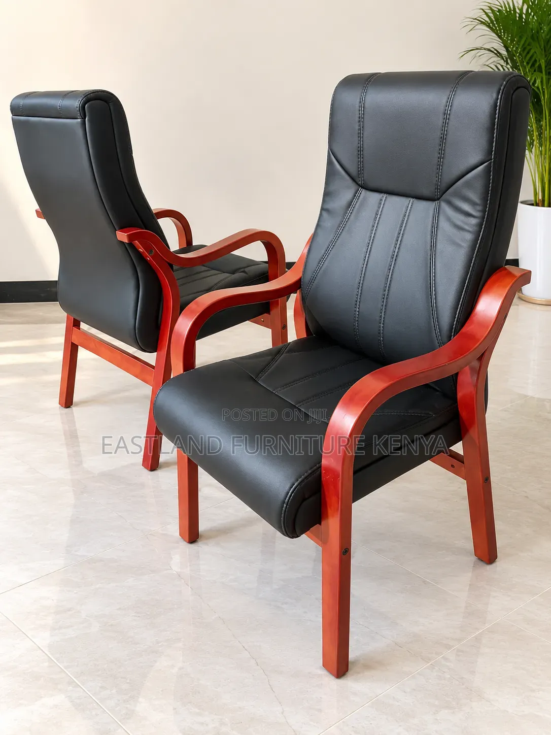 Premium Black Leather Executive Visitor Chair With Wooden Frame