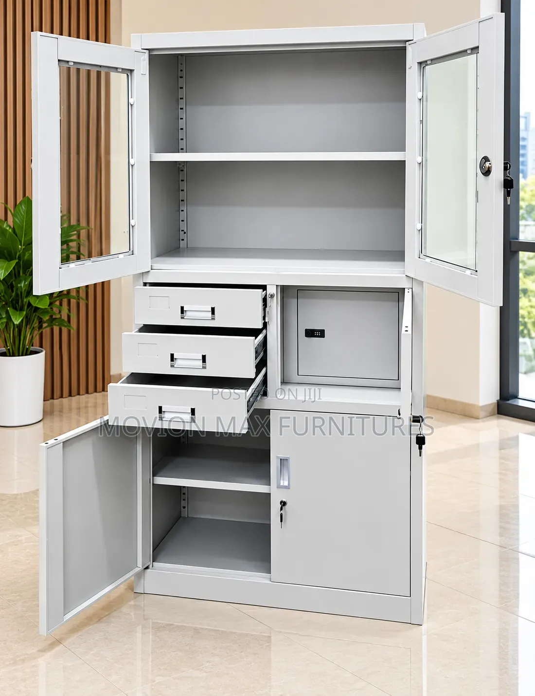 Steel Office Cabinet With Glass Doors, Lockable Drawers & Safe Box