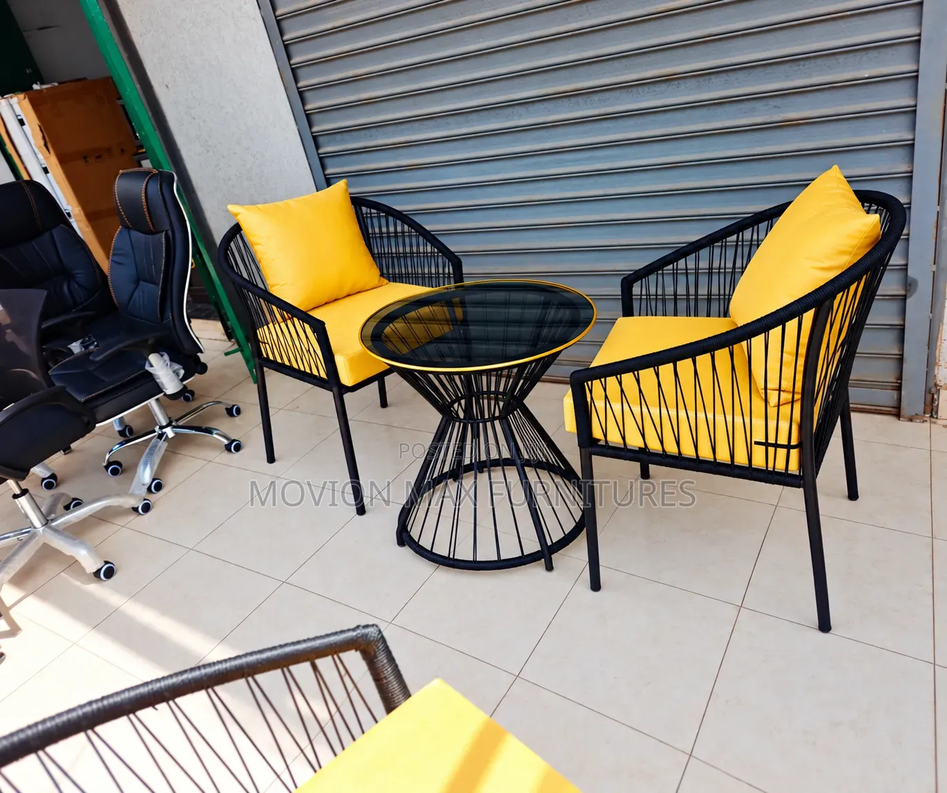 Outdoor 2-Seater Set With Yellow Cushions and Round Glass Table