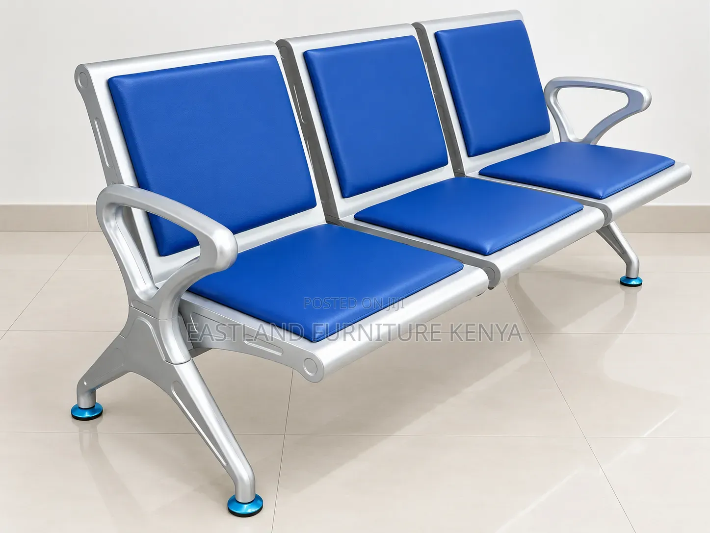Modern 3-Seater Blue Waiting Bench With Silver Metal Frame