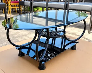 Modern Oval Glass Coffee Table With Black Metal Frame and Lower Shelf