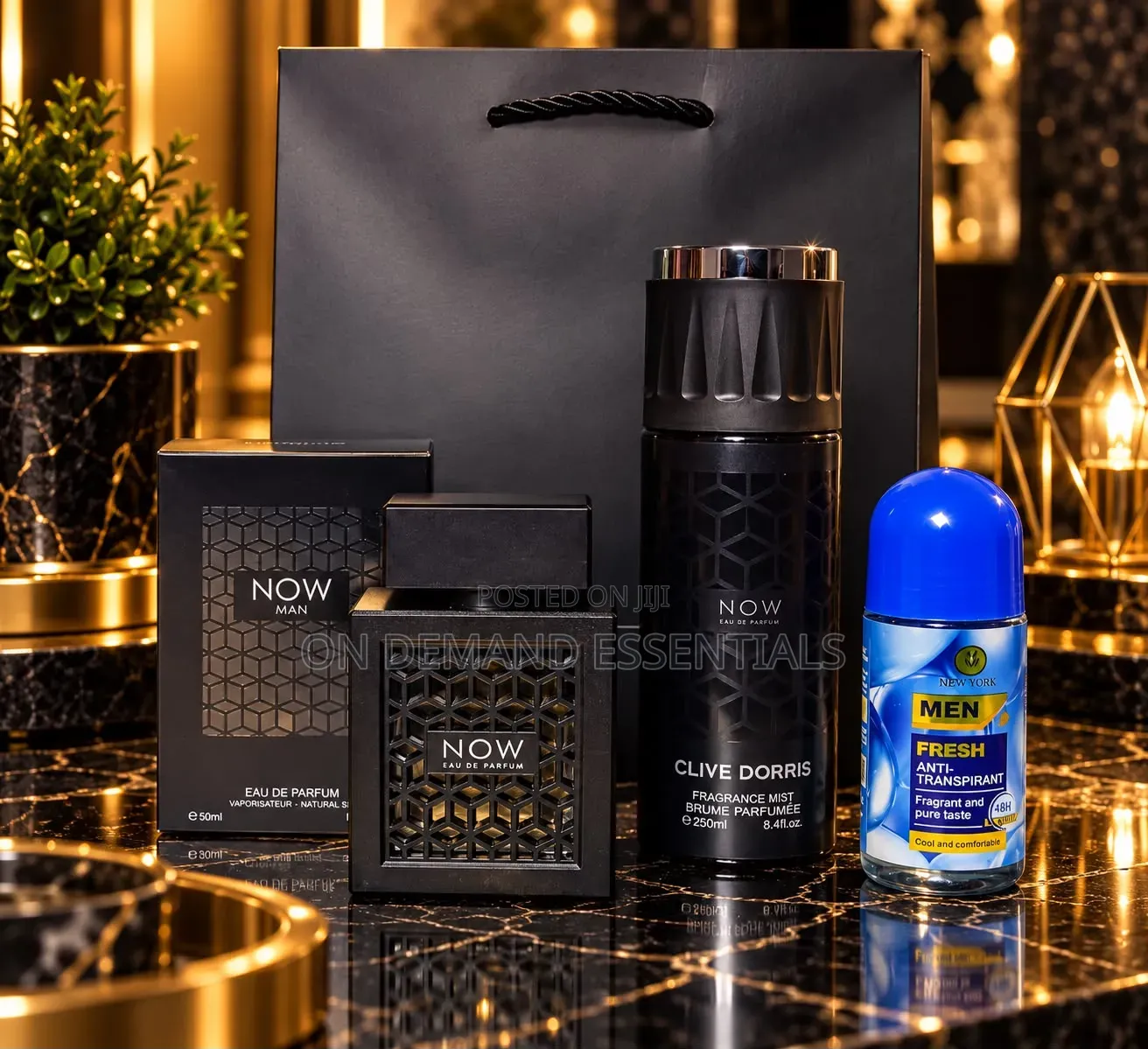 Men Perfume Set
250ml Body Mist 
60ml Roll On
50ml Perfume
Gift Bag