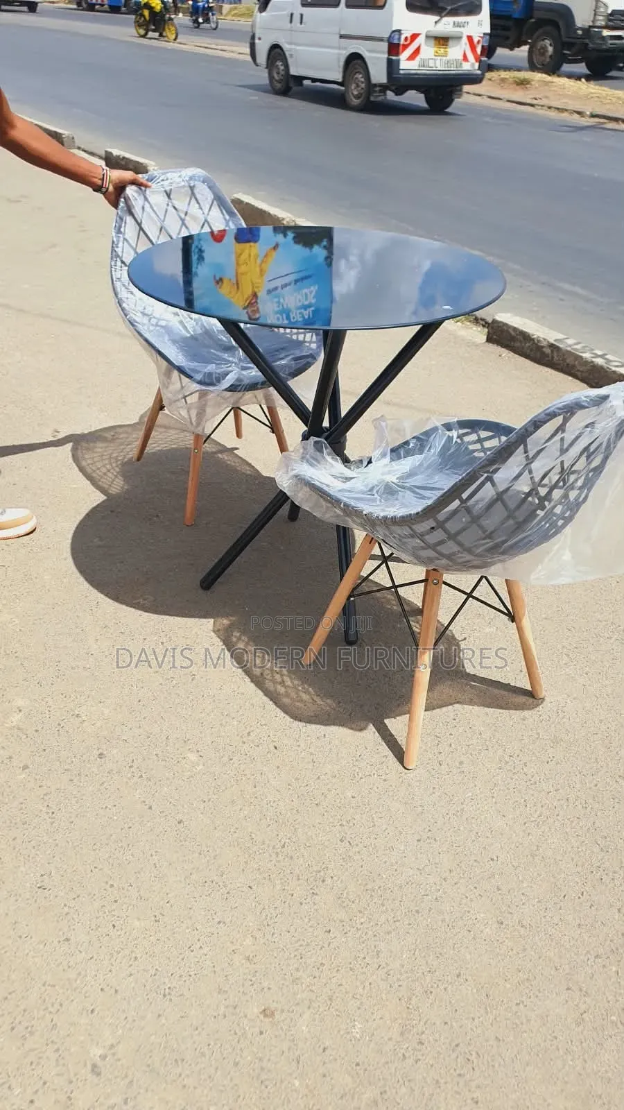 Grey Rattan Eame-Stlye Mesh Chair and Table Set