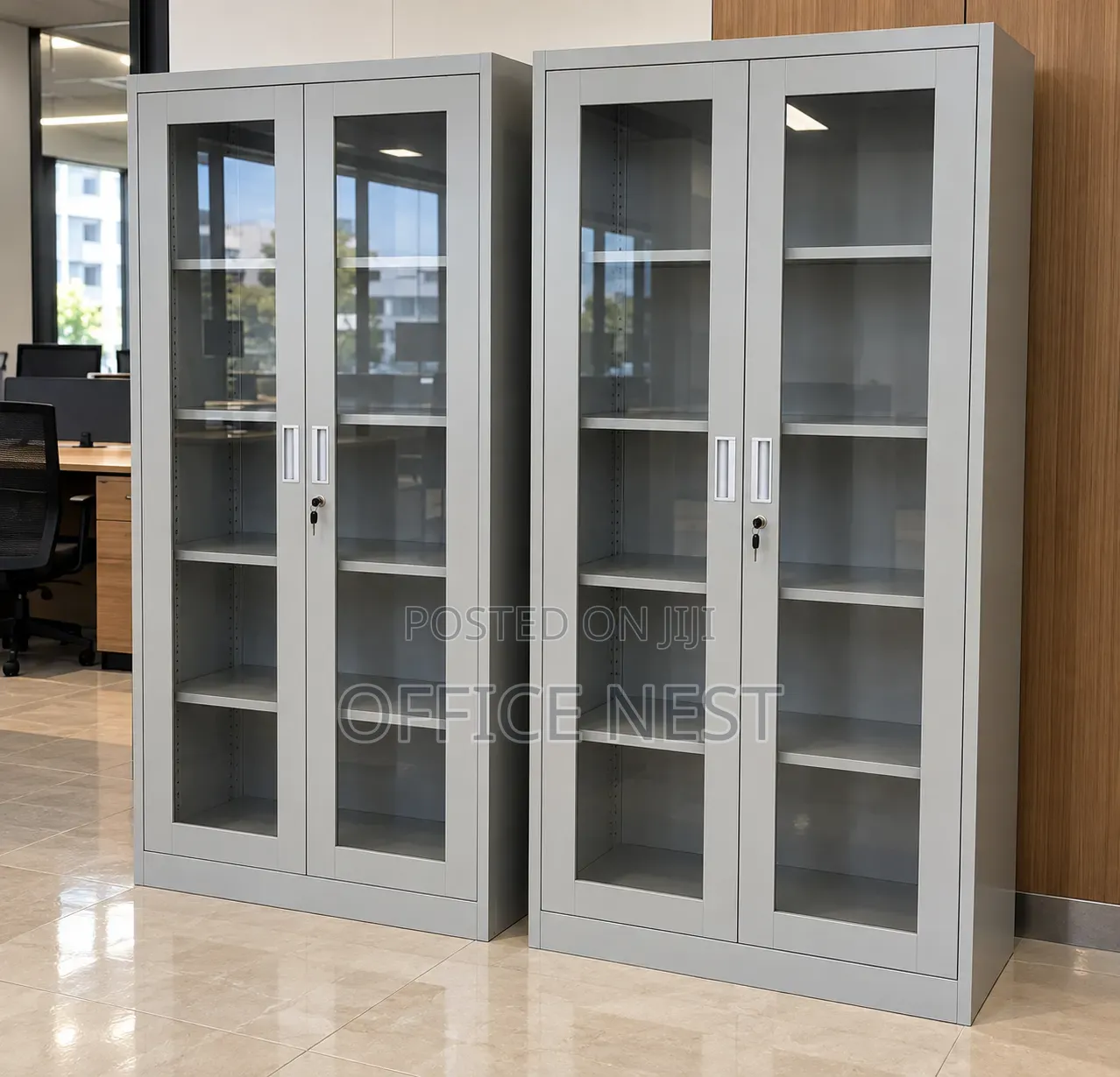 Metal Office Filing Cabinet With Glass Doors – Storage Cupboard.