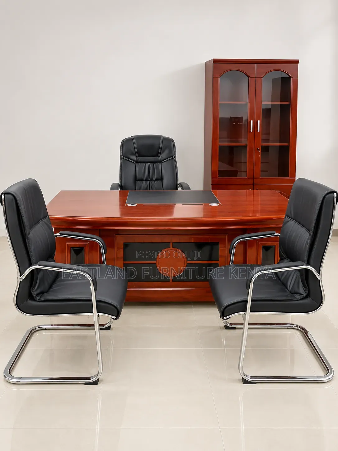 Wooden Office Desk With 3 Black Leather Chair and Glass Door Cabinet