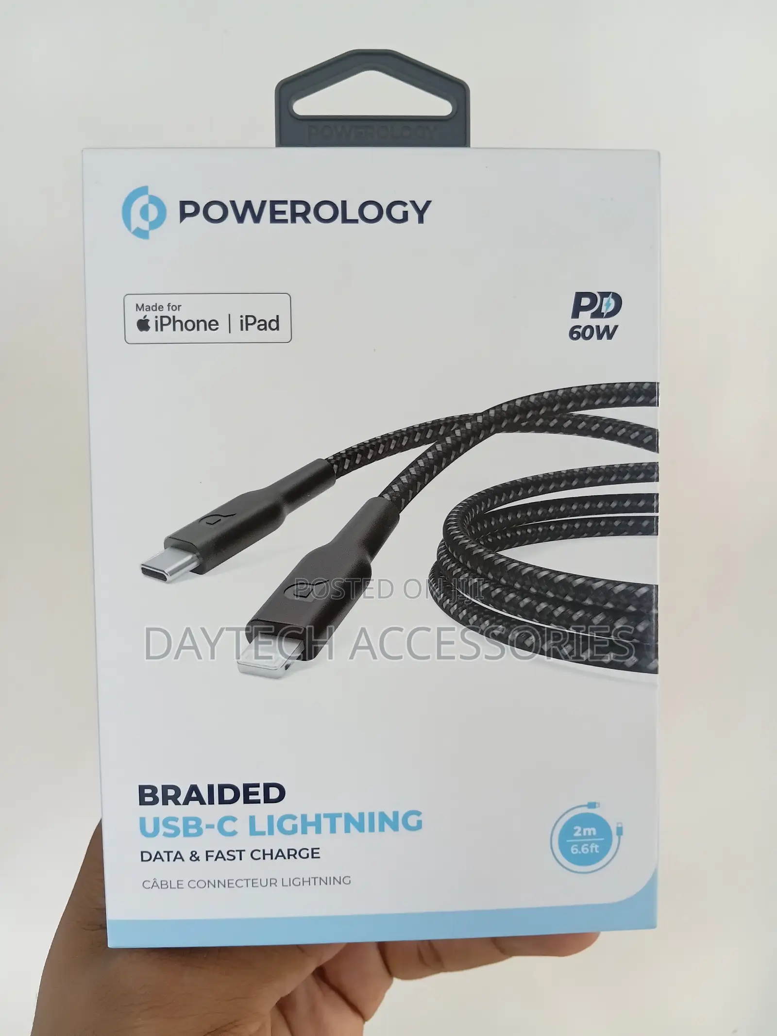 The Powerology Braided USB-C to Lightning Cable (2M, PD 60W, Black),