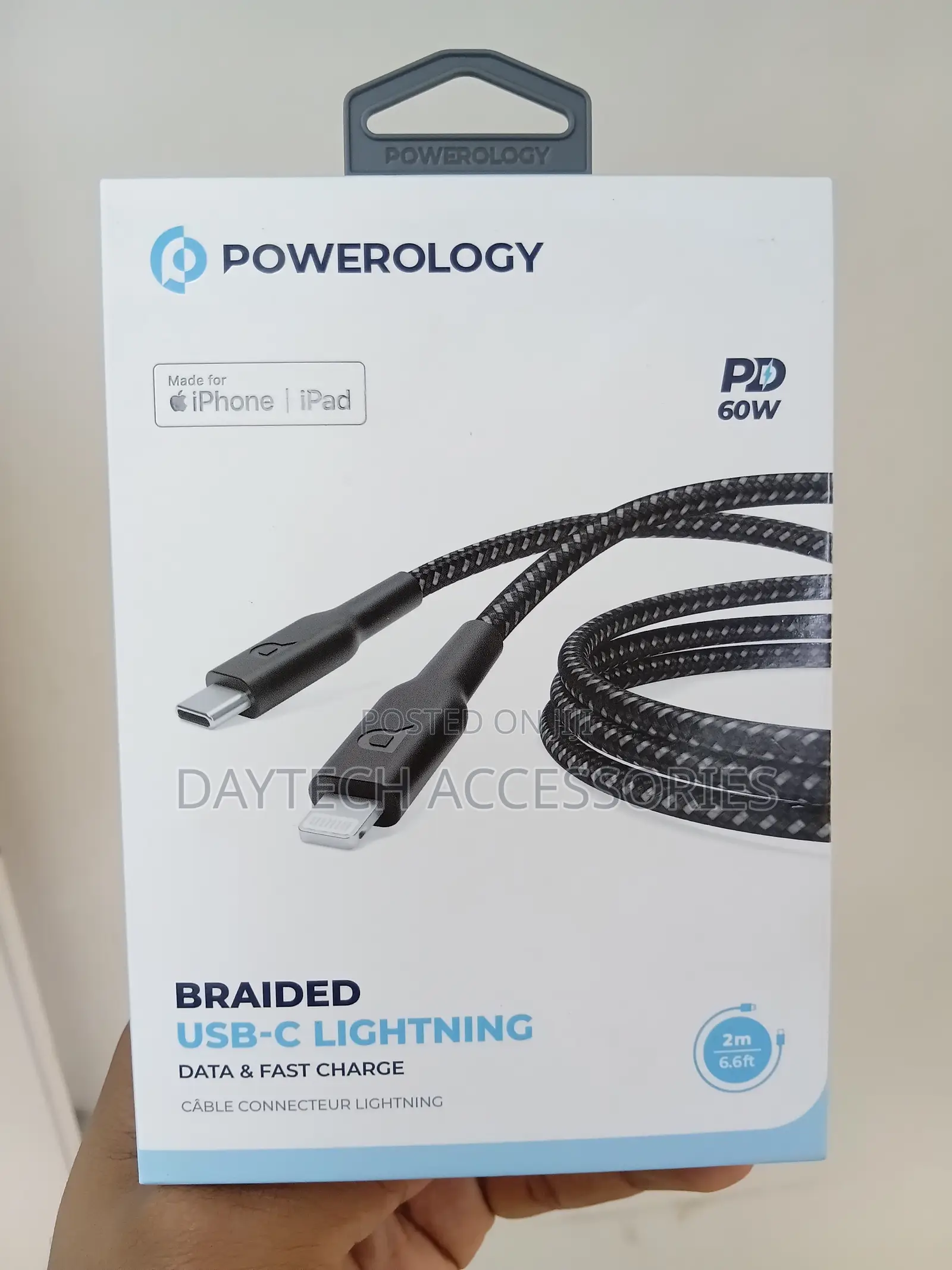 The Powerology Braided USB-C to Lightning Cable (2M, PD 60W, Black),