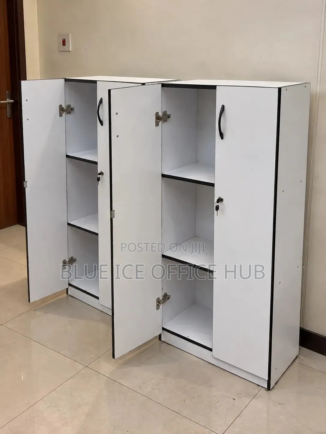 White MDF Office Cabinet With Shelves – Lockable Storage Cupboard.