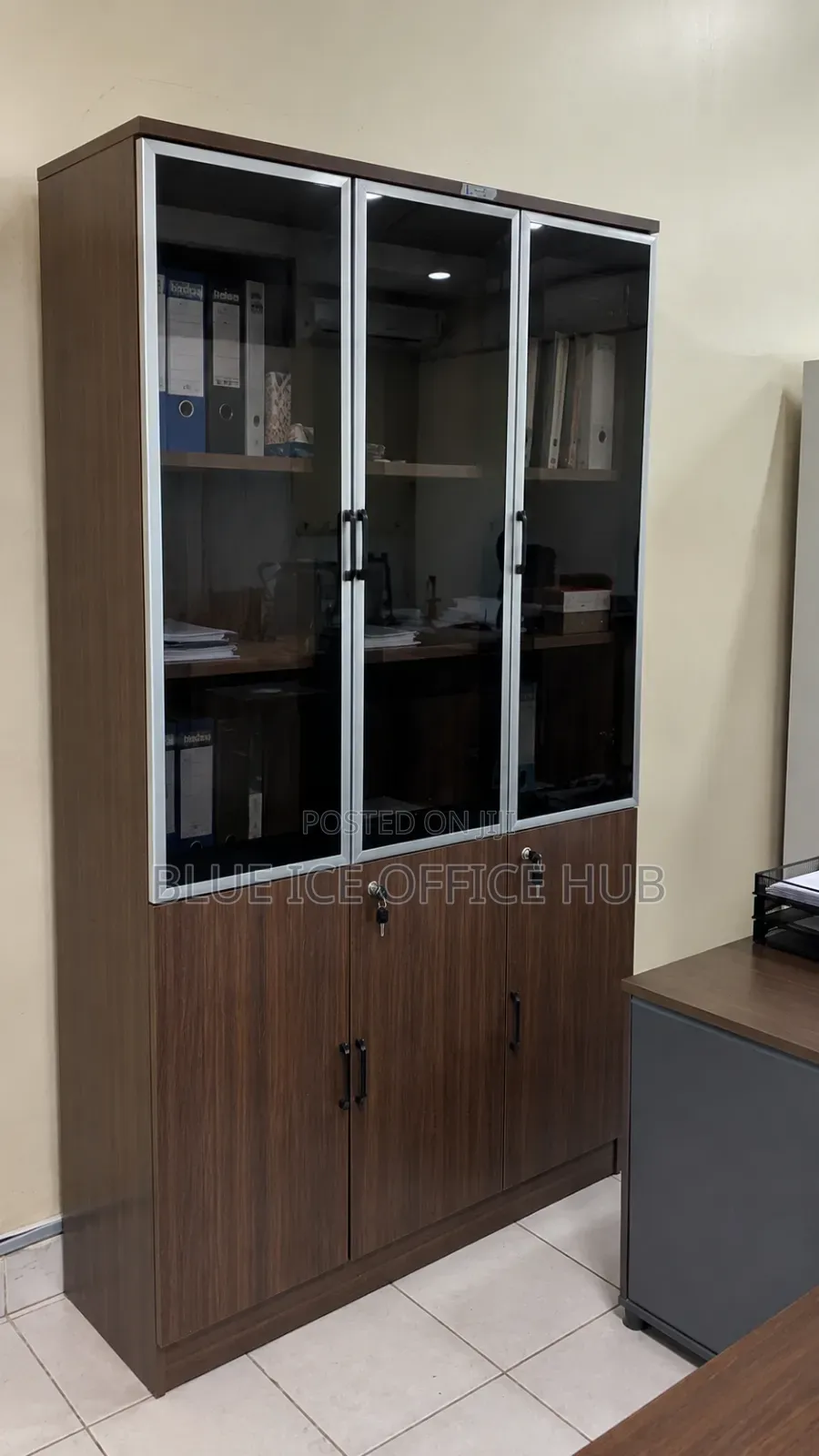 Wooden Office Cabinet With Glass Doors – Brown Filing Cabinet