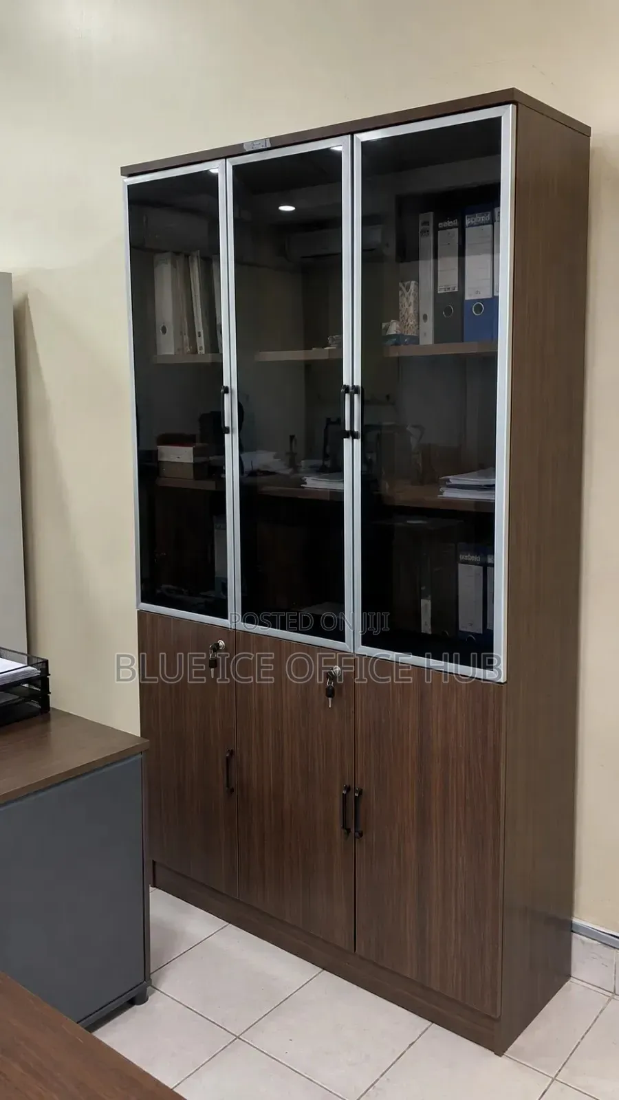 Wooden Office Cabinet With Glass Doors – Brown Filing Cabinet
