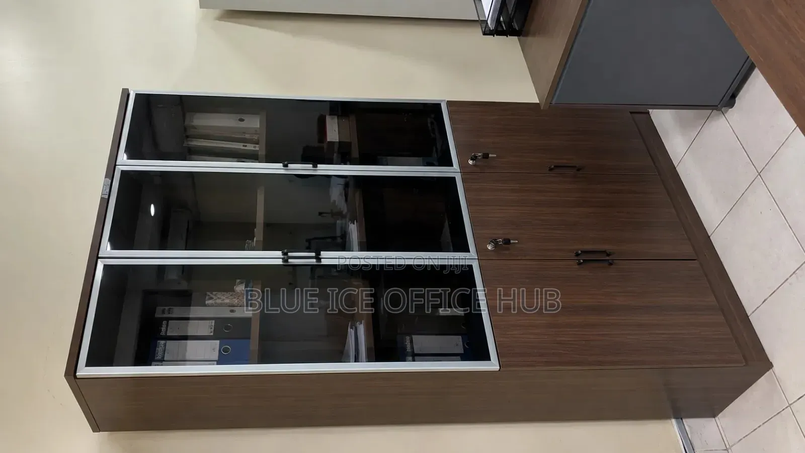 Wooden Office Cabinet With Glass Doors – Brown Filing Cabinet