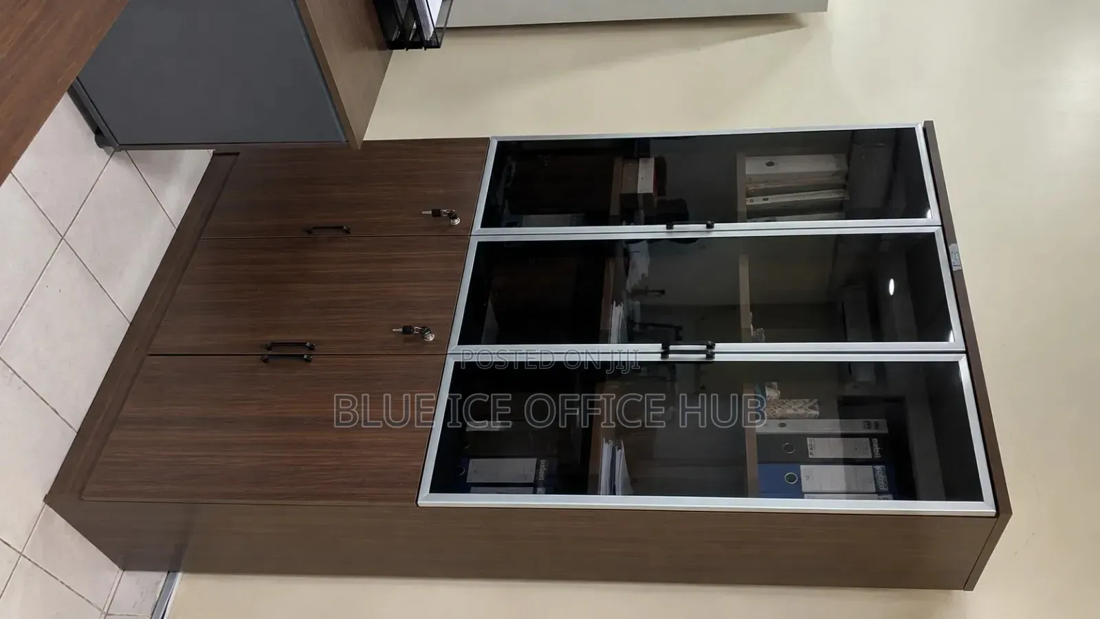 Wooden Office Cabinet With Glass Doors – Brown Filing Cabinet