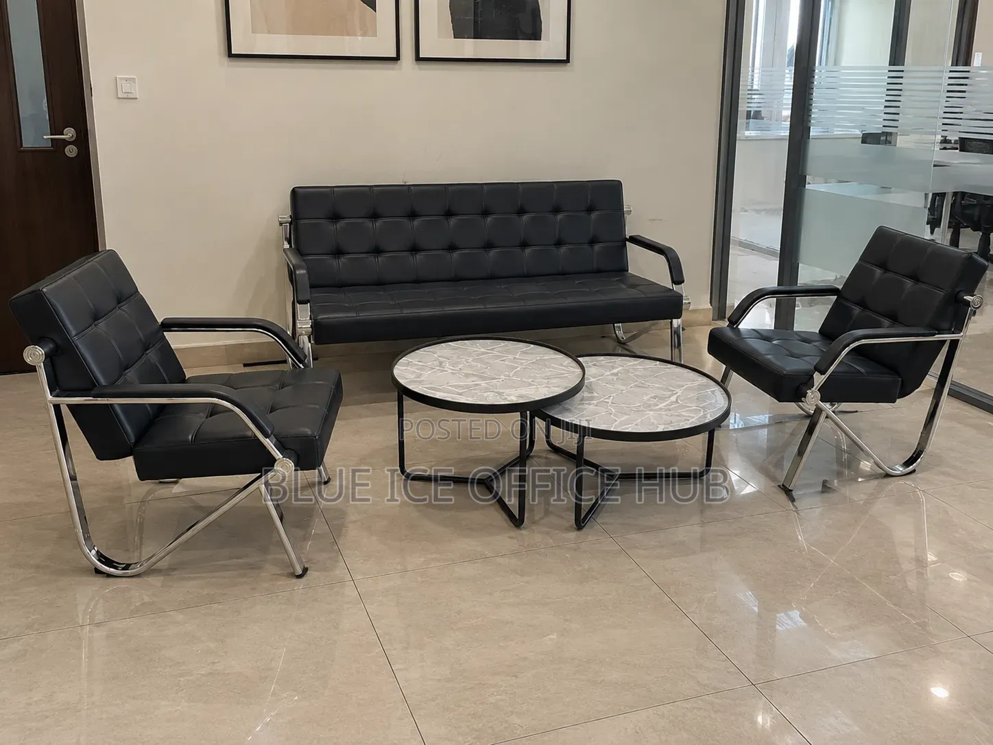 Black Leather Office Sofa Set With Coffee Tables – Reception Furniture