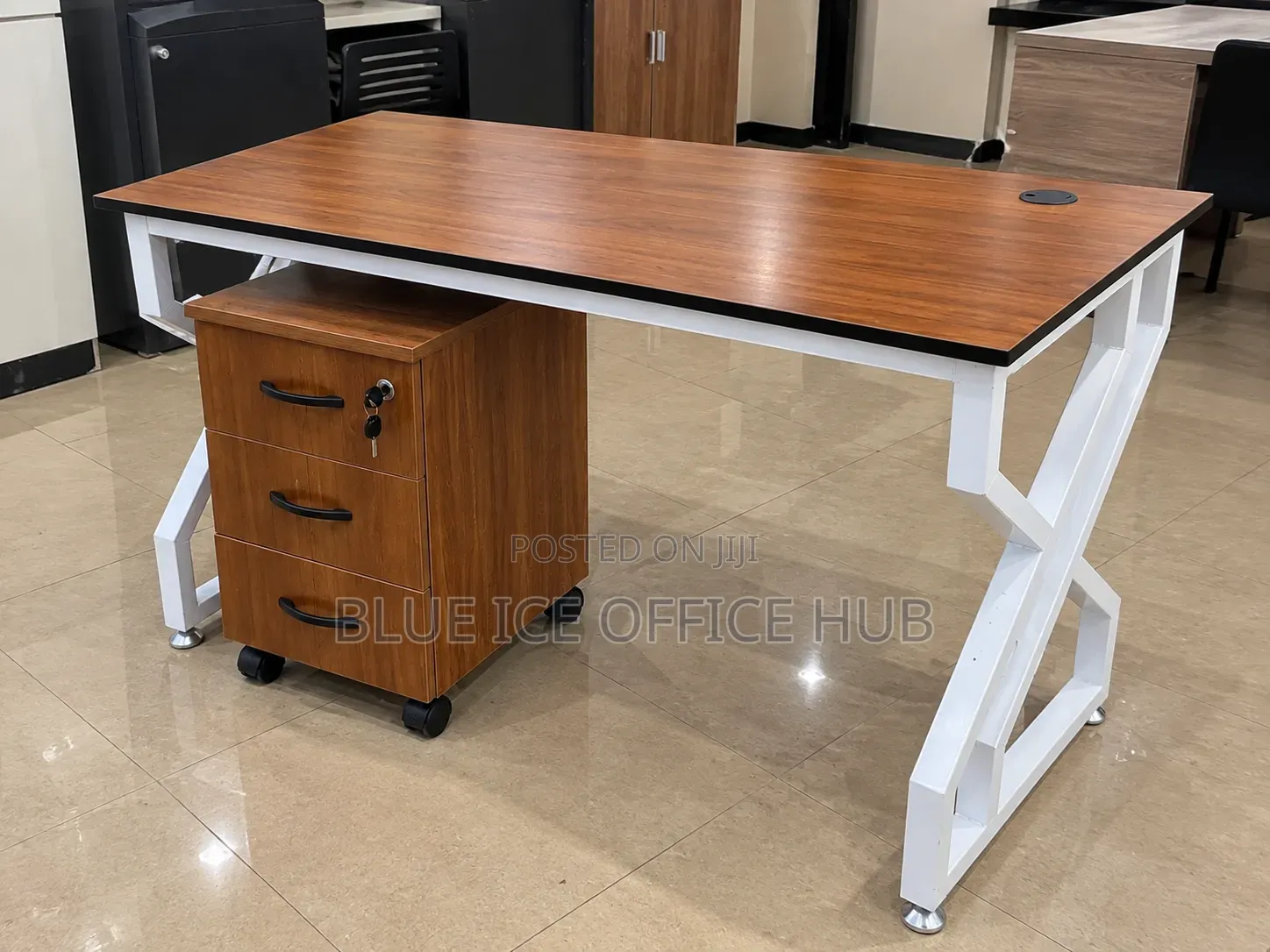 Brown Office Desk With 3 Drawer Cabinet – Wooden Computer Table