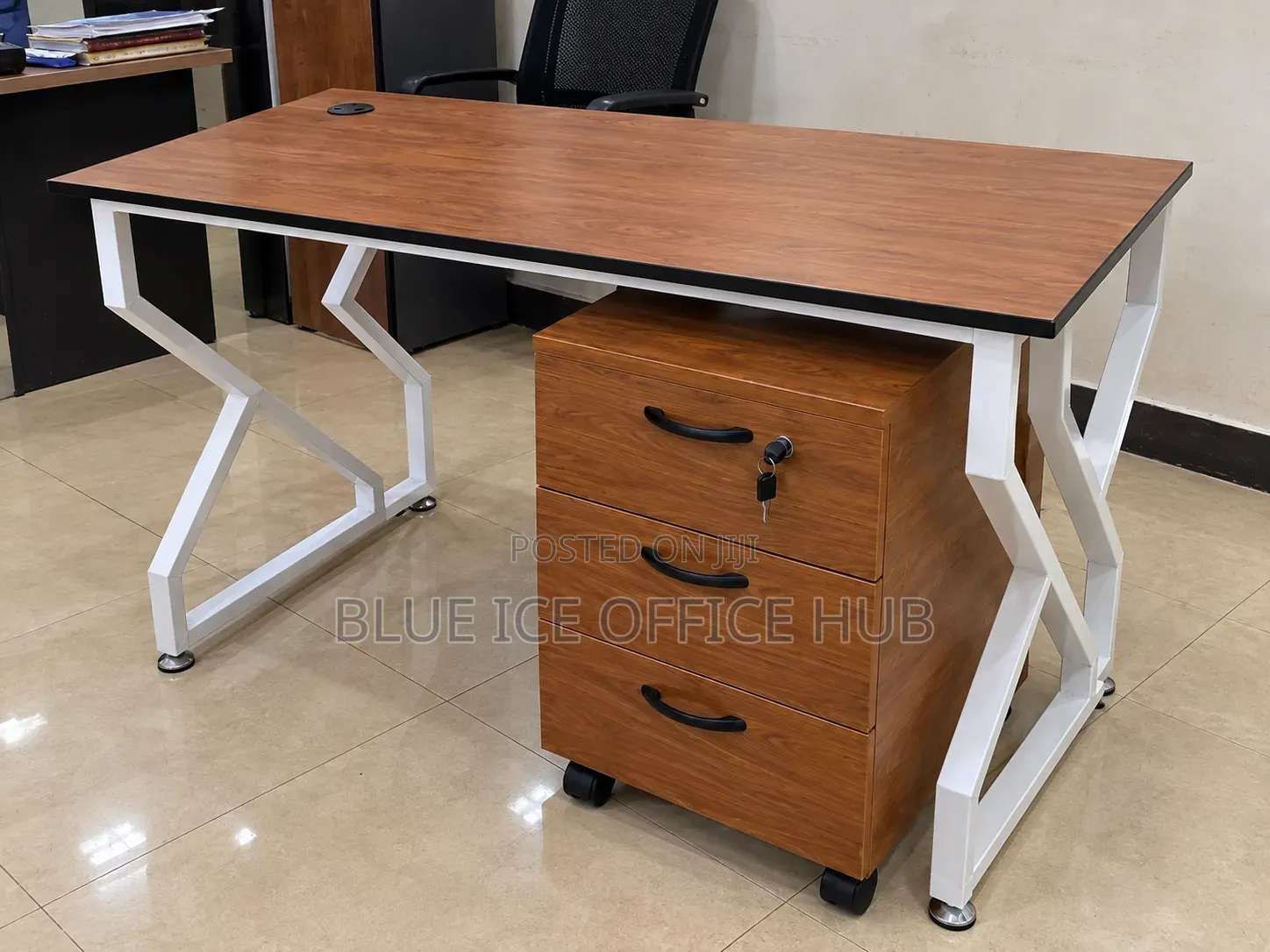 Brown Office Desk With 3 Drawer Cabinet – Wooden Computer Table