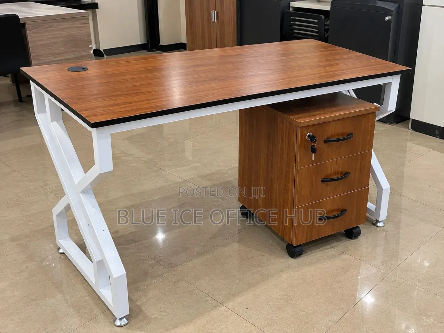 Brown Office Desk With 3 Drawer Cabinet – Wooden Computer Table