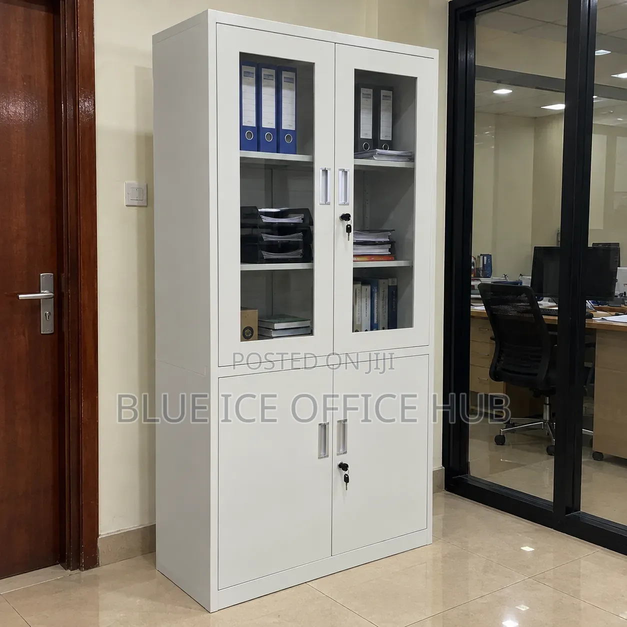 Grey Metallic Office Cabinet With Glass Doors – Steel Filing Cupboard