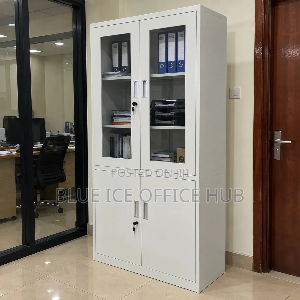Grey Metallic Office Cabinet With Glass Doors – Steel Filing Cupboard