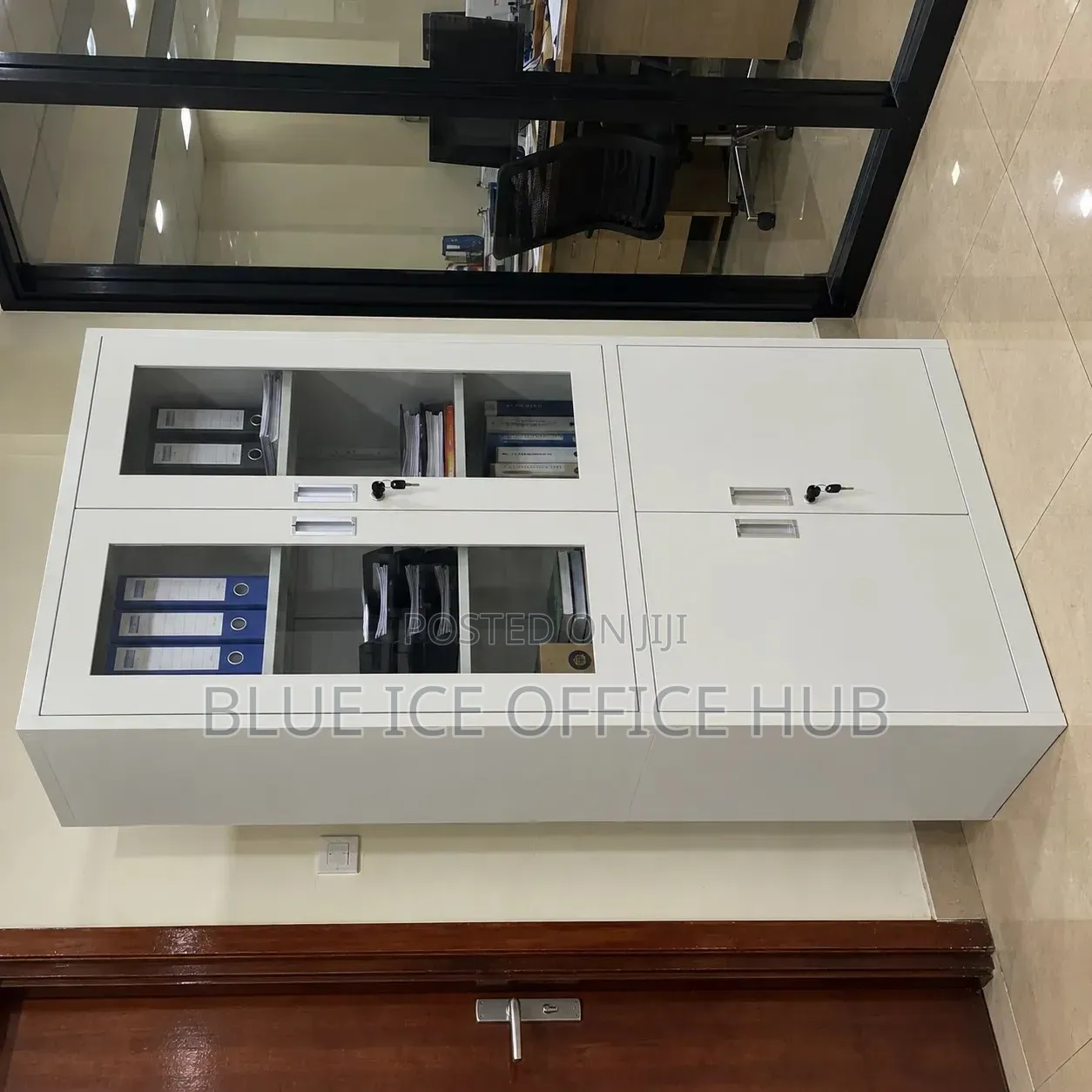 Grey Metallic Office Cabinet With Glass Doors – Steel Filing Cupboard