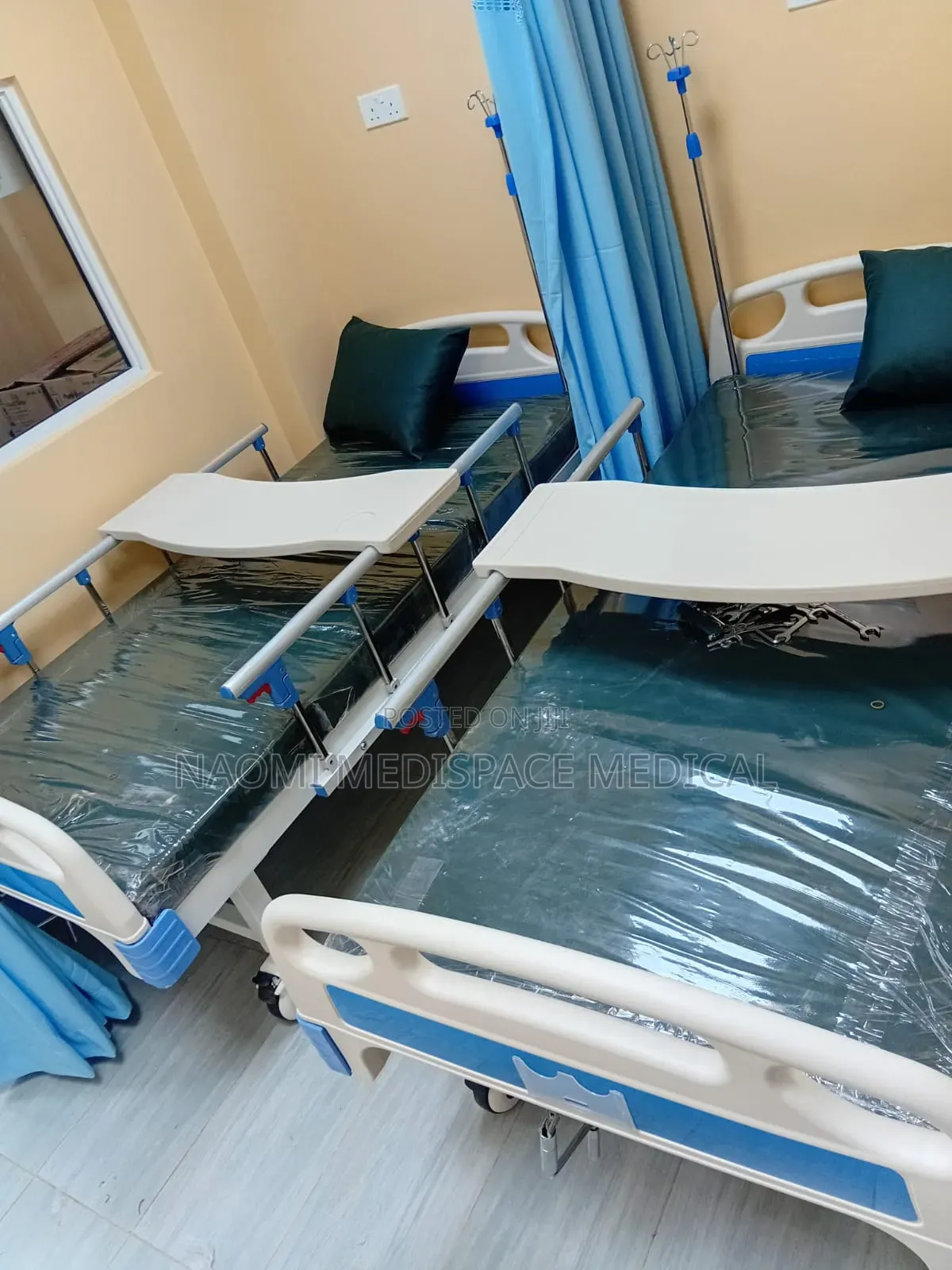 One Crank Bed With Matress, Mackintosh, Feeding Table and Drip Stand