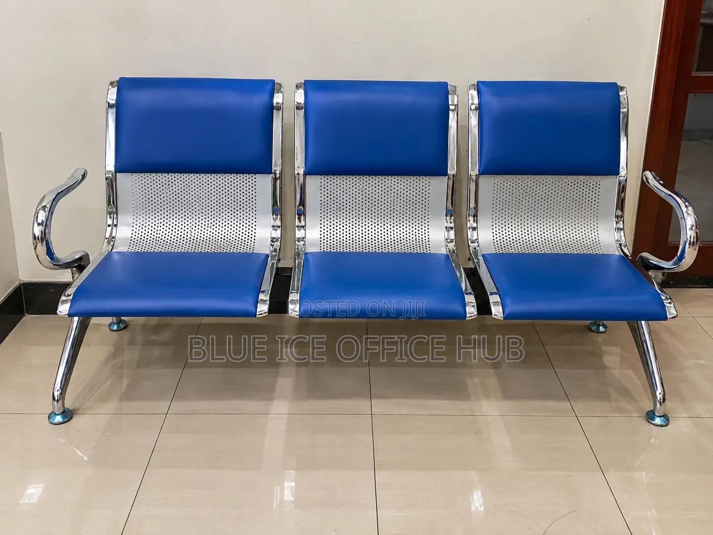 3 Seater Waiting Chair – Blue Leather Reception Bench