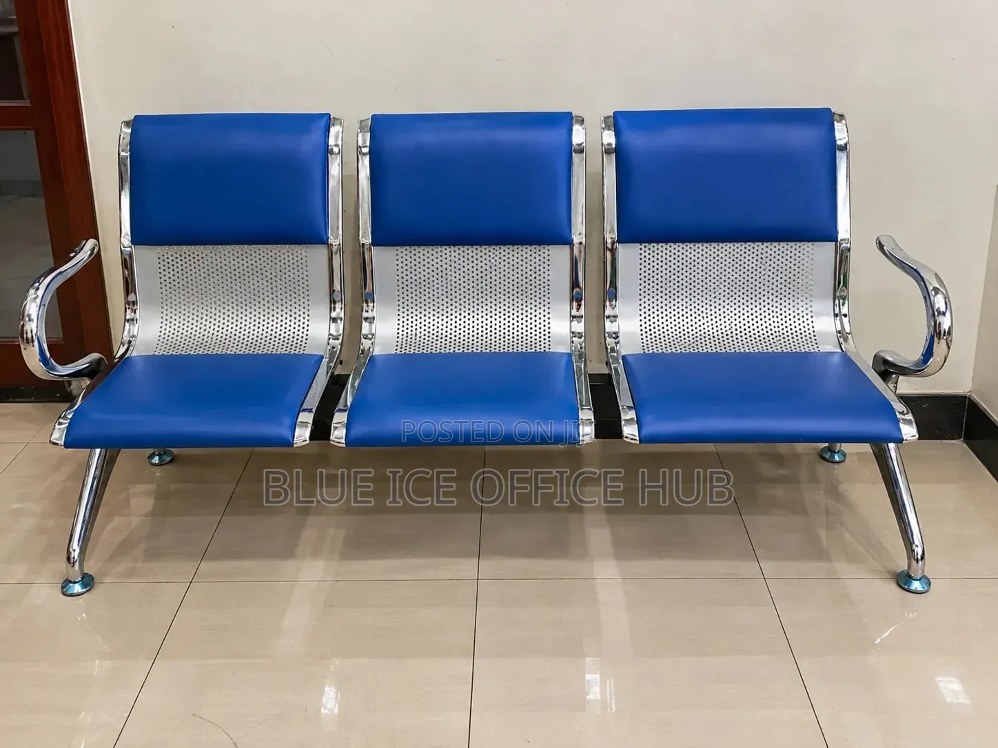 3 Seater Waiting Chair – Blue Leather Reception Bench