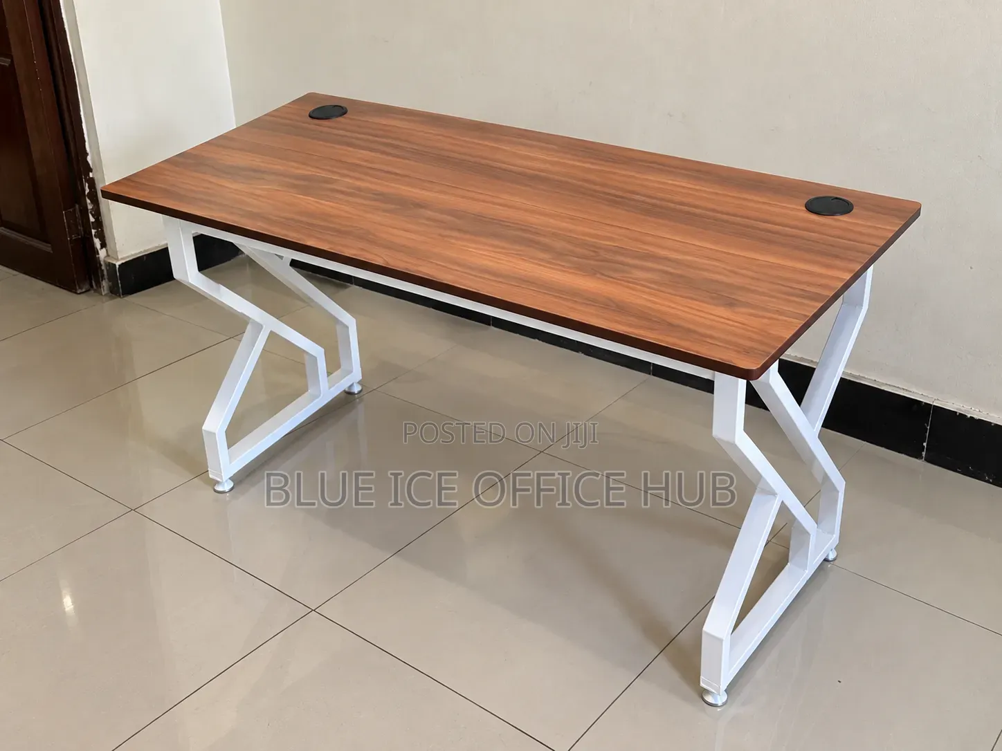Brown Office Desk With White Metal Frame – Modern Computer Table