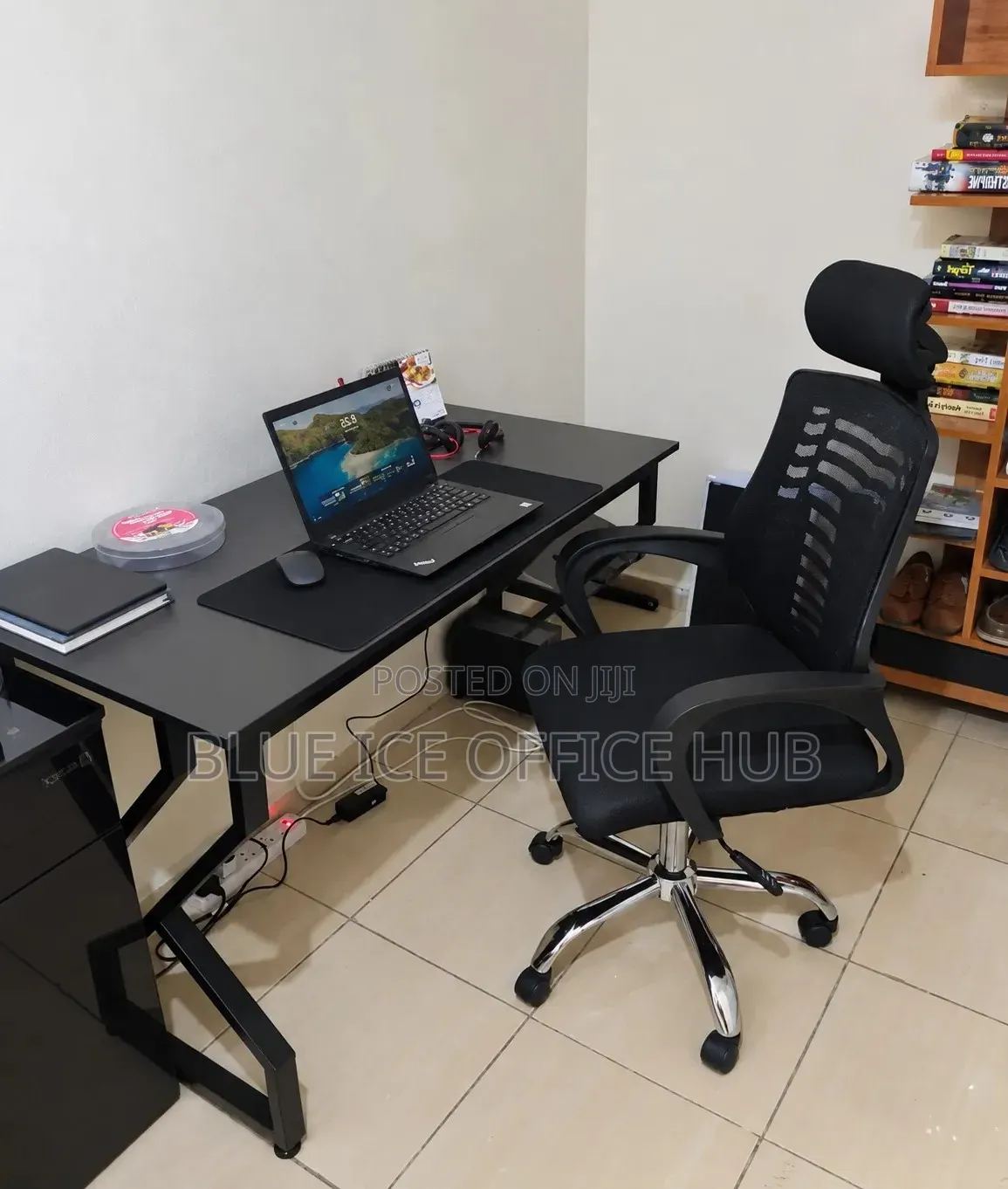 Black Office Desk With Ergonomic Mesh Chair – Office Furniture Set