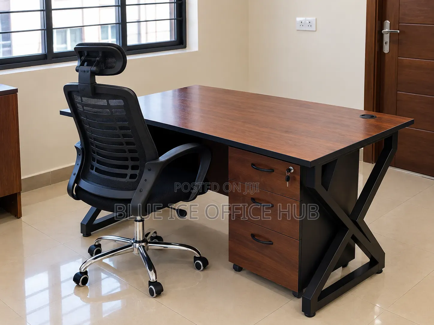 Brown Executive Office Desk With Chair & Drawer Combined