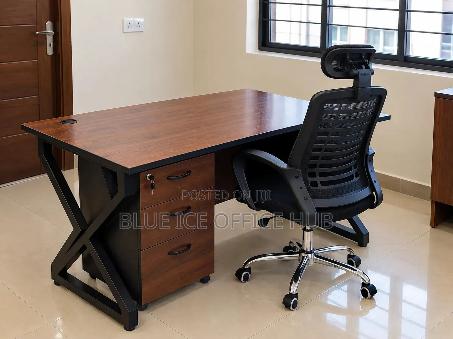 Brown Executive Office Desk With Chair & Drawer Combined