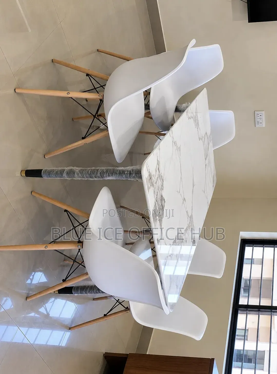 White Dining Table Set With 6 Eames Chairs – Floral Marble Top