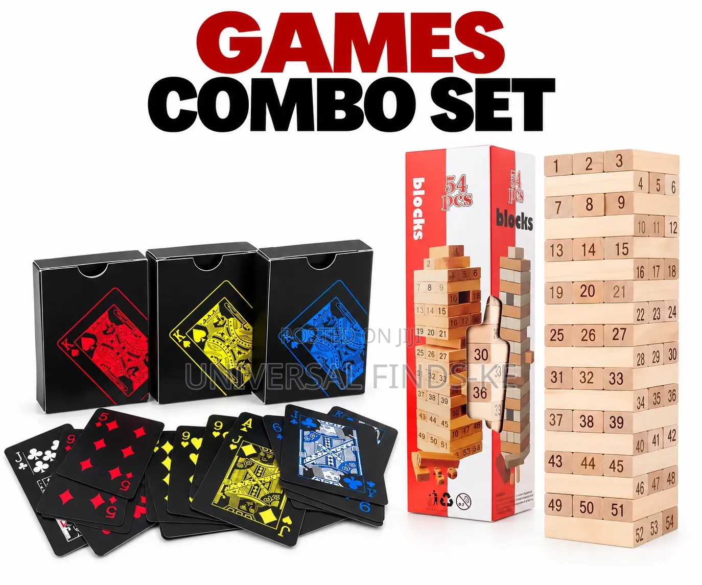 Wooden Stacking Tower Blocks and Plastic Poker Cards Combo Game Set