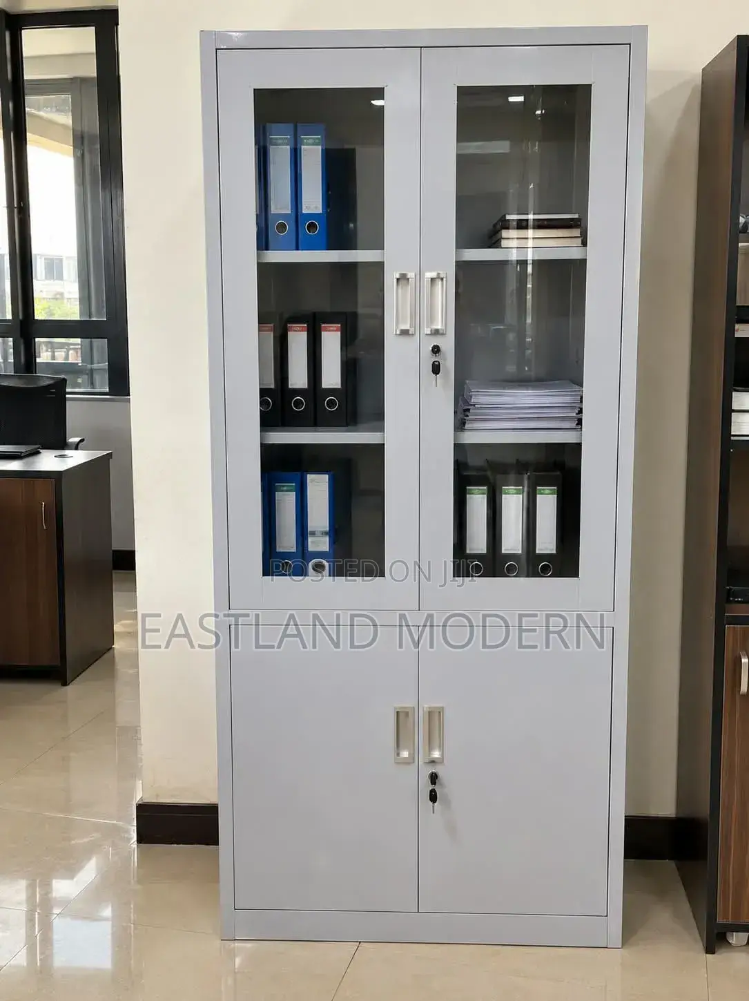 Metal Office Filing Cabinet With Glass Doors – Lockable Cupboard