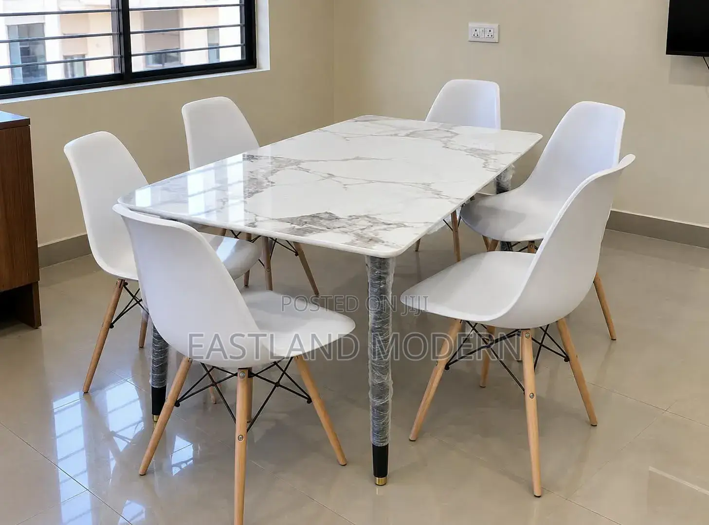 6 Seater Marble Dining Table Set With White Eames Chairs