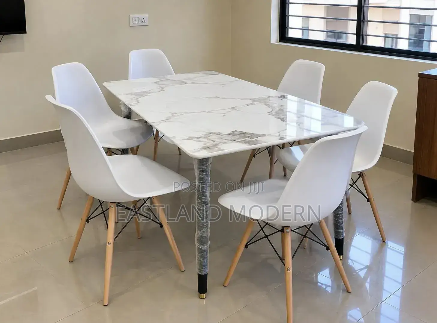 6 Seater Marble Dining Table Set With White Eames Chairs