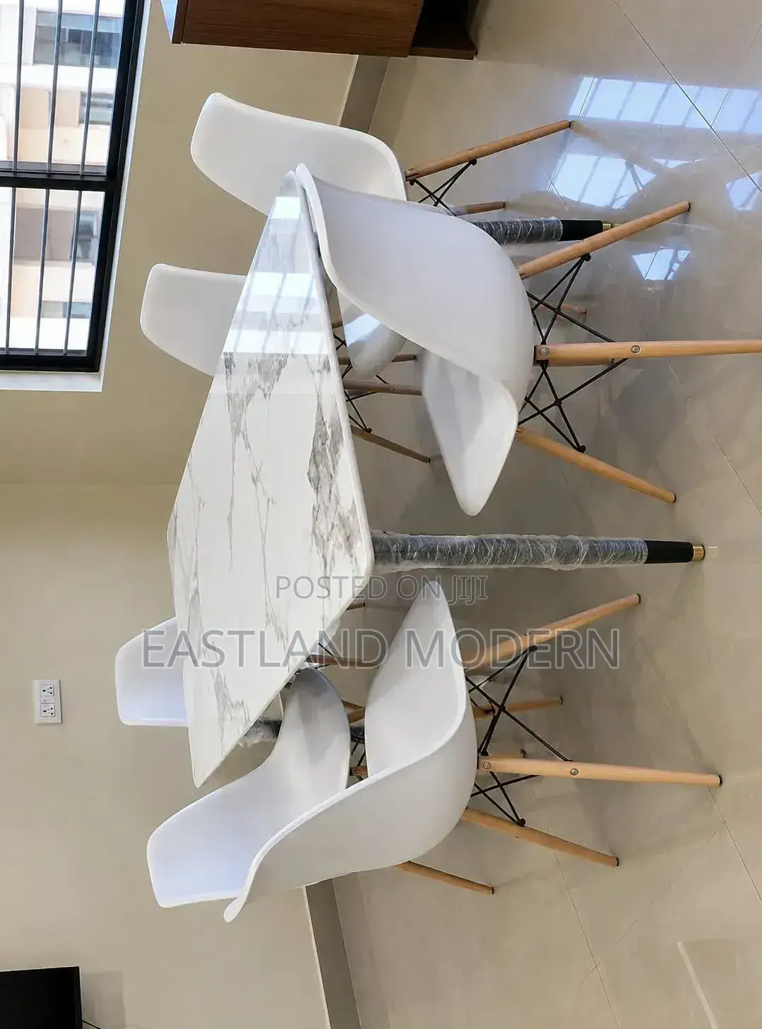 6 Seater Marble Dining Table Set With White Eames Chairs