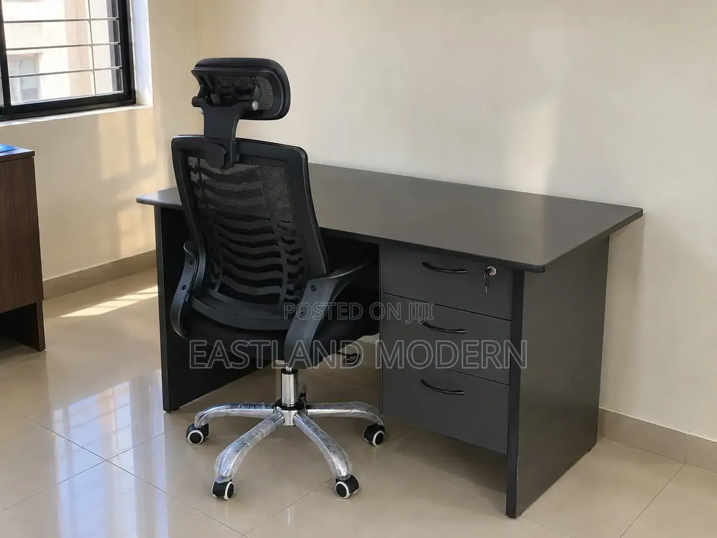 Gray Office Desk With 3 Drawers and Ergonomic Office Chair