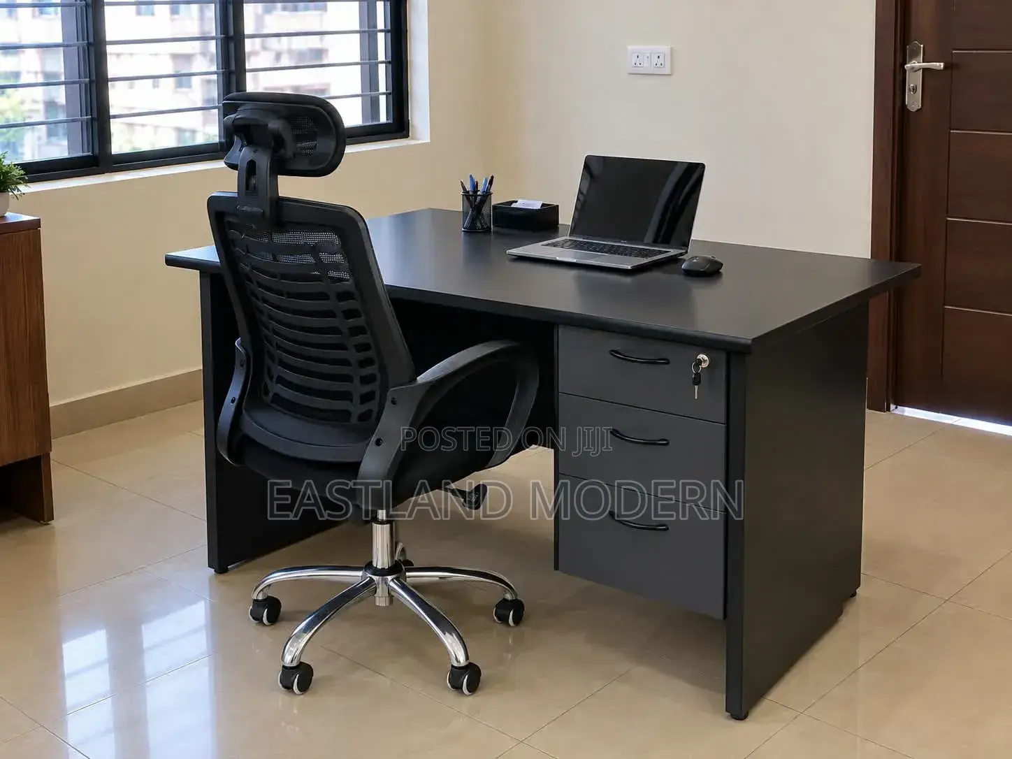 Gray Office Desk With 3 Drawers and Ergonomic Office Chair
