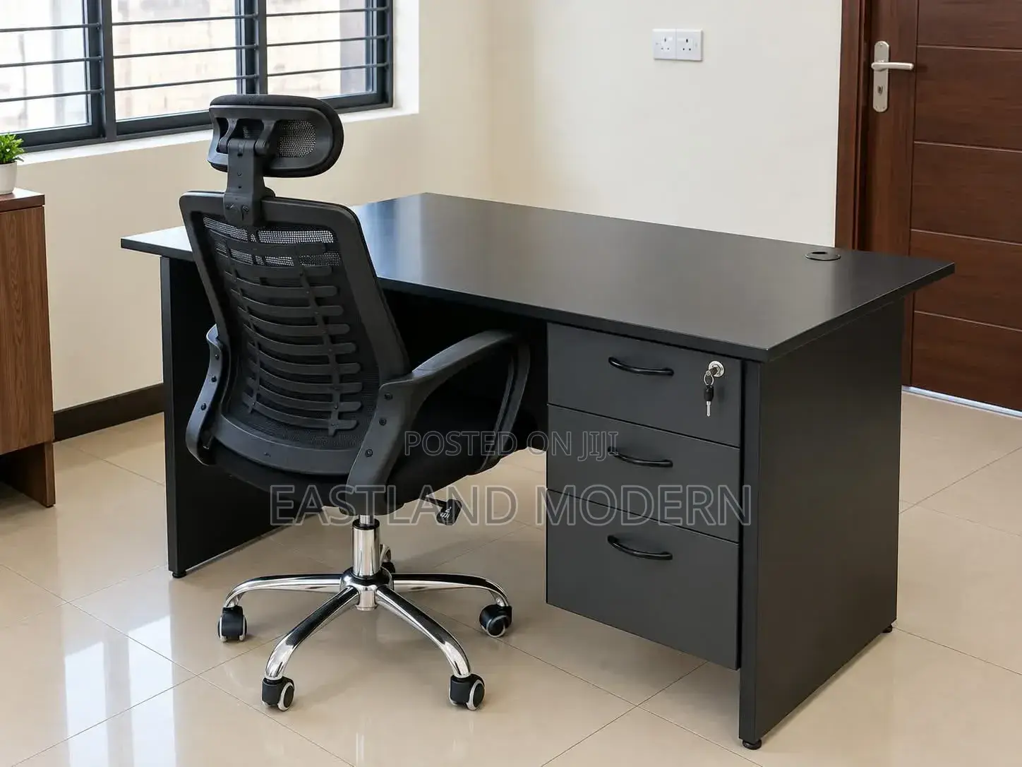 Gray Office Desk With 3 Drawers and Ergonomic Office Chair