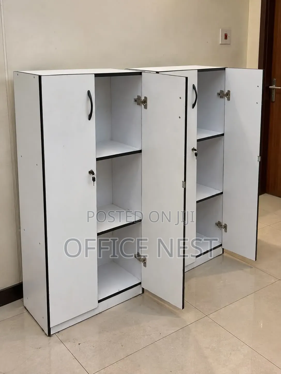 White Wooden Office Storage Cabinet With Lockable Doors