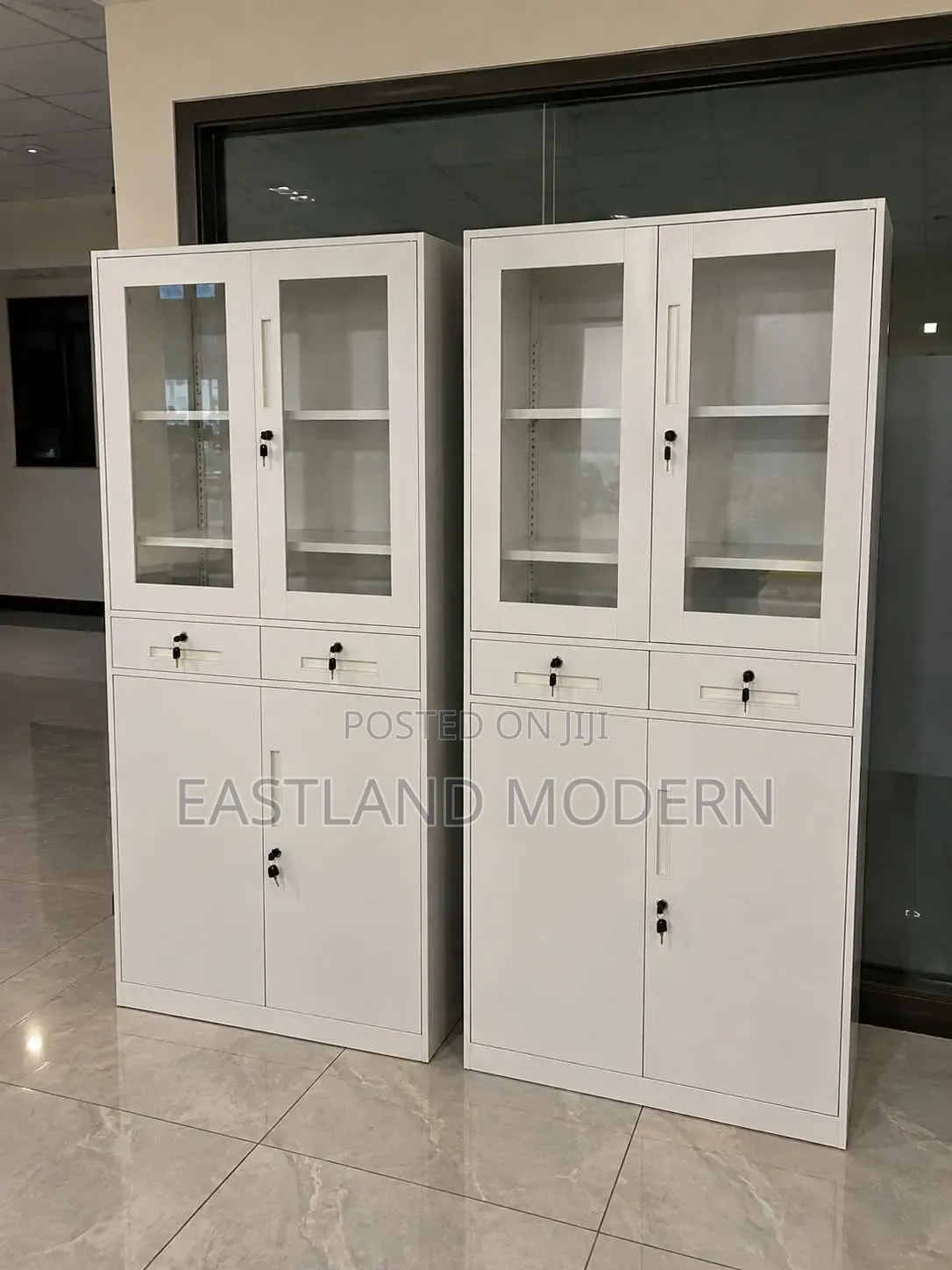 White Steel Office Cabinet With Glass Doors and Drawers