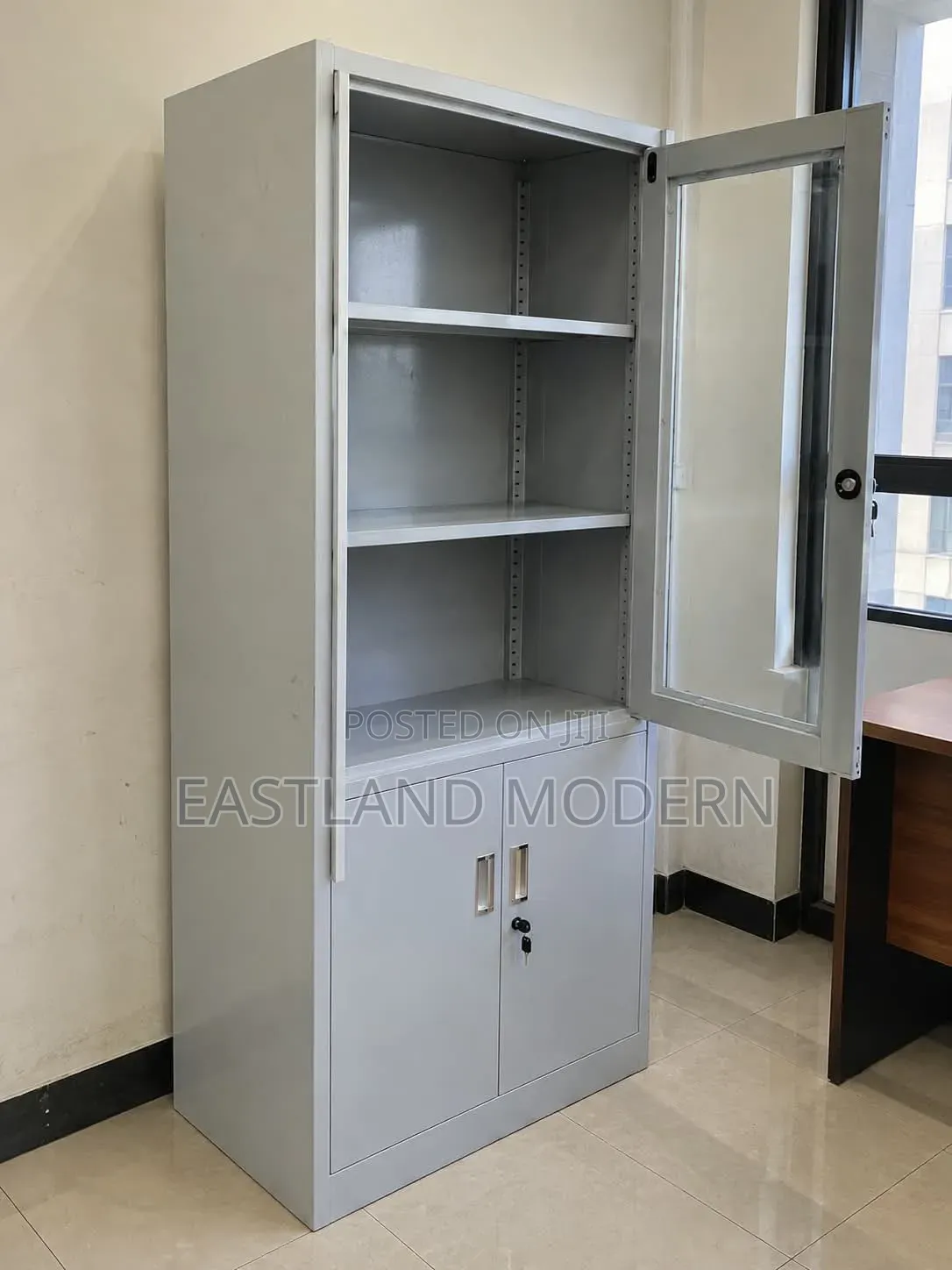 Grey Metallic Office Cabinet With Glass Door