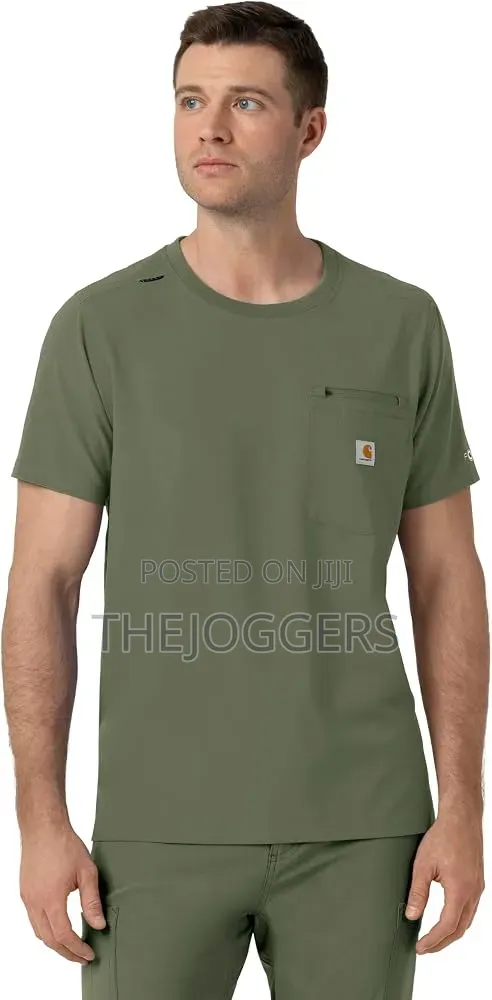 Carhartt Olive Men's Crew Neck Scrub Top Flexible & Durable Fabric