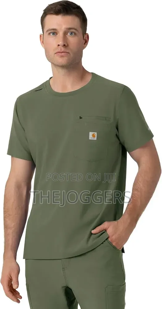Carhartt Olive Men's Crew Neck Scrub Top Flexible & Durable Fabric