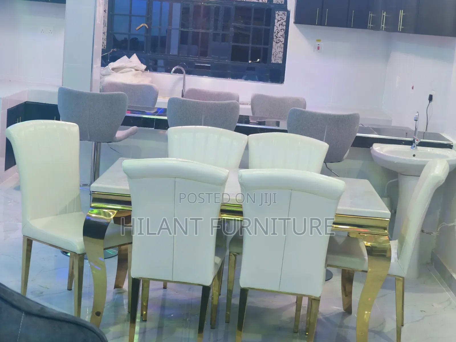 Luxury 6-Seater White Marble Top Dining Table Set With Gold Stand