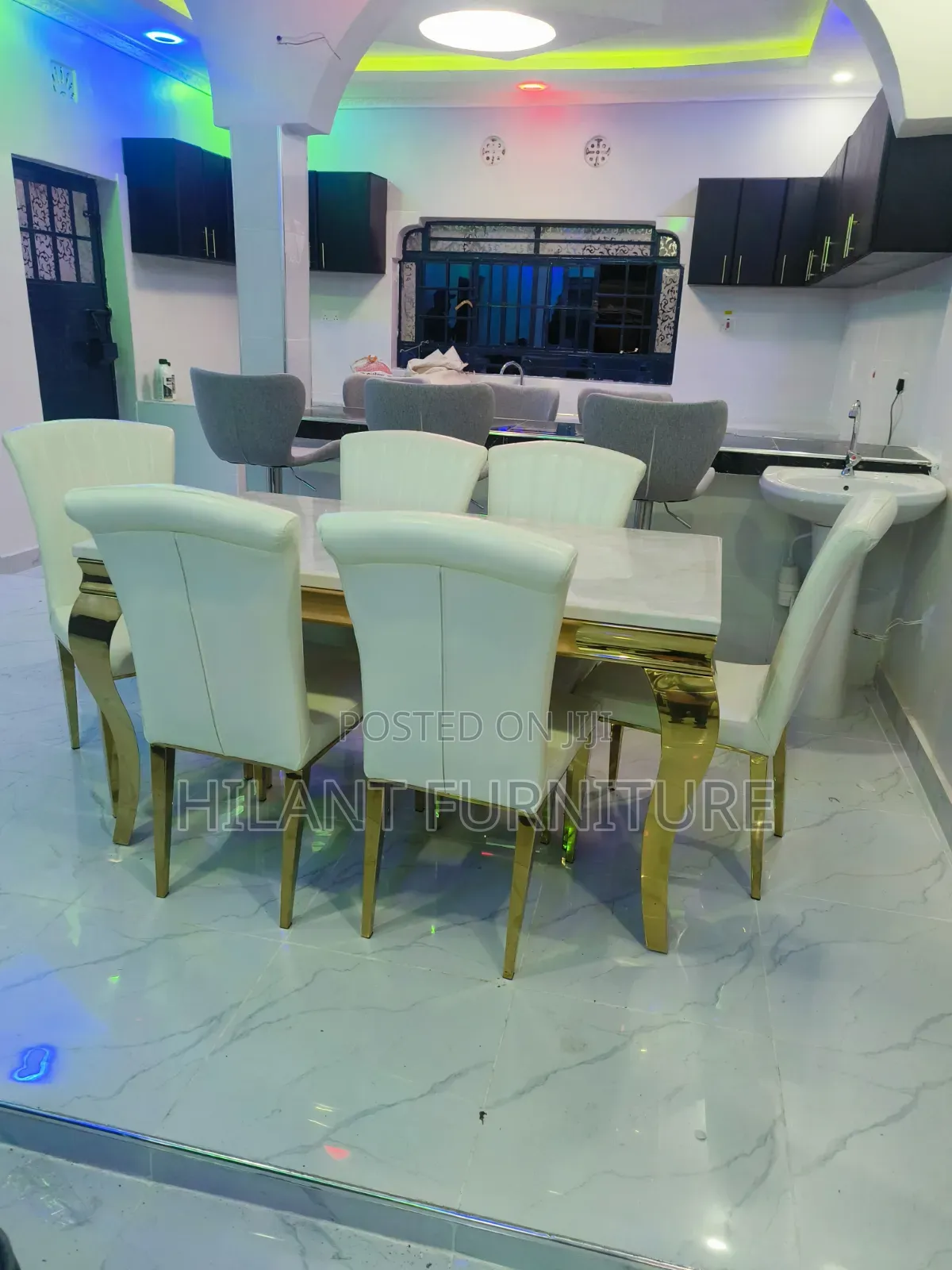 Luxury 6-Seater White Marble Top Dining Table Set With Gold Stand