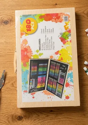 Deluxe 180 PCS Wooden Art Box Set – Crayons, Watercolors, Color Pencil