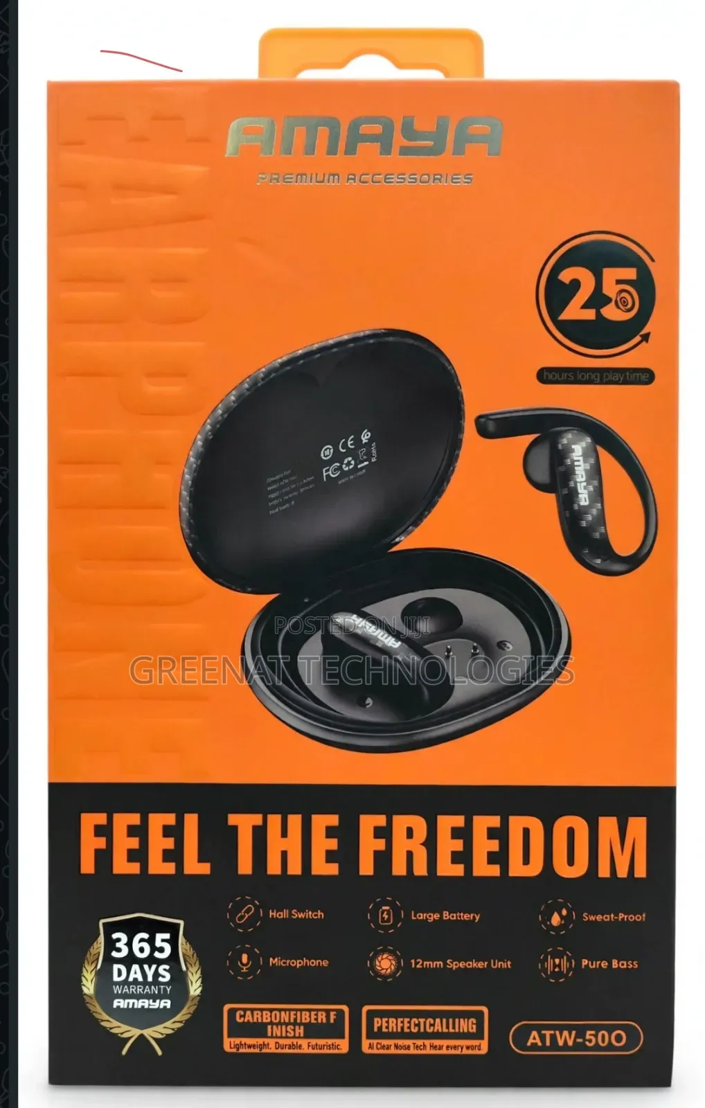 AMAYA ATW-500 Feel Freedom Carbon Fiber Wireless Sports Earbuds 25H