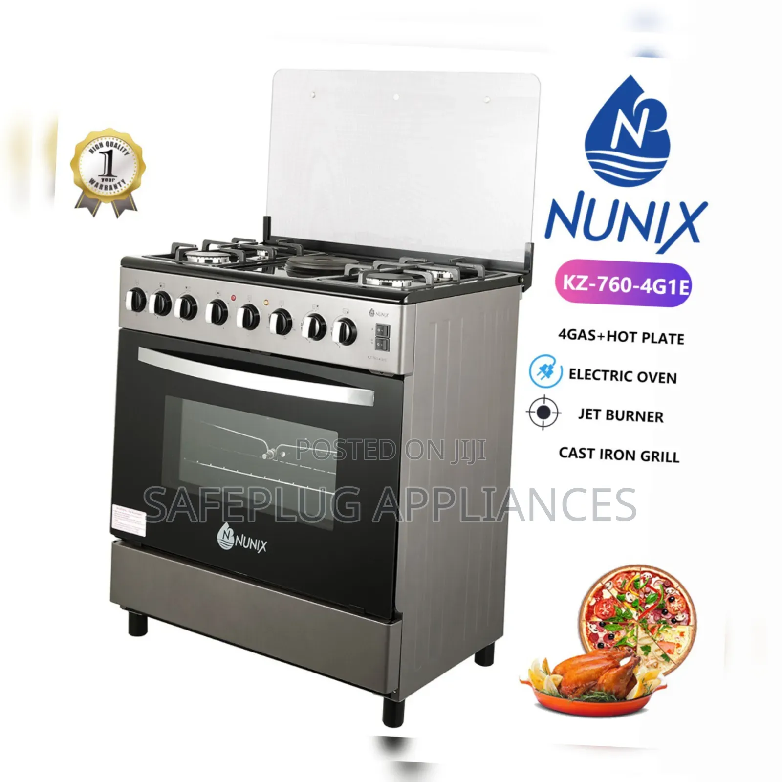 Nunix 60×70cm Standing Cooker – 4 Gas Burners + 1 Electric Plate