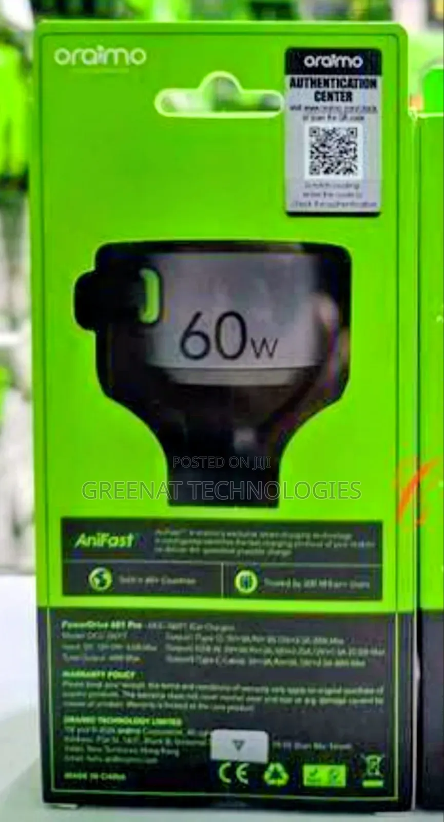 Oraimo PowerDrive 601 60W Fast Charge Car Charger Builtin Retractable